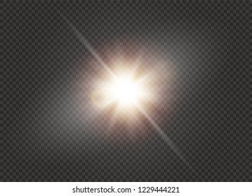 glowing light explodes on a transparent background. Sparkling magical dust particles. Bright Star. Transparent shining sun, bright flash. Vector sparkles. To center a bright flash.