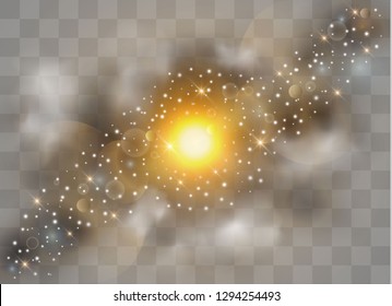 Glowing light explodes on a transparent background. Sparkling magical dust particles. Bright Star. Transparent shining sun, bright flash. Vector sparkles. Fog or smoke transparent special effect.