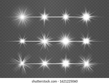 Glowing light explodes on a transparent background.Shine ray with lightning vector illustration.Transparent shining sun, bright flash.