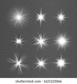 Glowing light explodes on a transparent background.Shine ray with lightning vector illustration.Transparent shining sun, bright flash.