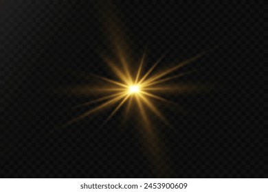 Glowing light explodes on a transparent background. Transparent shining sun, bright flash. Special light effect of glare and lenses.