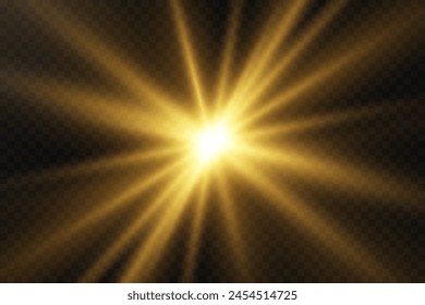 Glowing light explodes on a transparent background. Transparent shining sun, bright flash. Special light effect of glare and lenses.