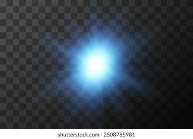 A luz brilhante explode em um fundo transparente. Partículas de poeira mágica cintilante. Estrela Brilhante. Sol brilhante transparente, flash brilhante. Cintilações vetoriais.
