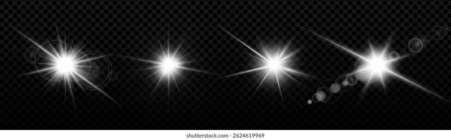 Brilhante luz flare definido com efeito de lente brilhante e brilhos. Feixe radial e estelar realista sobre fundo transparente. Brilho dinâmico e brilho para design festivo ou cósmico. Ilustração vetorial