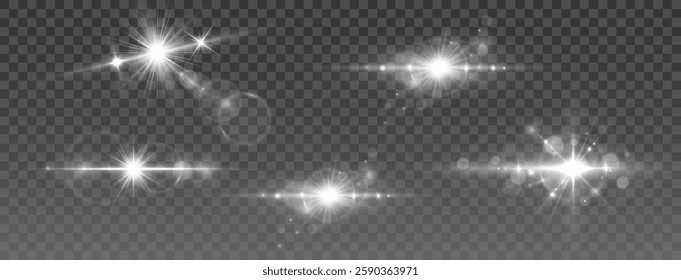 Glowing light flash pack, radiant starburst effects, shining lens flare collection, realistic sparkle overlay, transparent glare reflections, bright illumination set, abstract shining highlights.