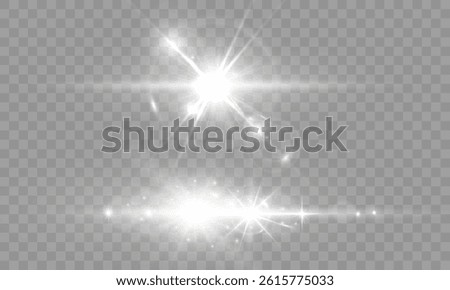 Glowing light flash pack, radiant starburst effects, shining lens flare collection, realistic sparkle overlay, transparent glare reflections, bright illumination set, abstract shining highlights.