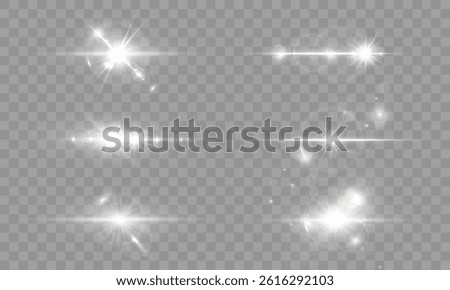Glowing light flash pack, radiant starburst effects, shining lens flare collection, realistic sparkle overlay, transparent glare reflections, bright illumination set, abstract shining highlights.