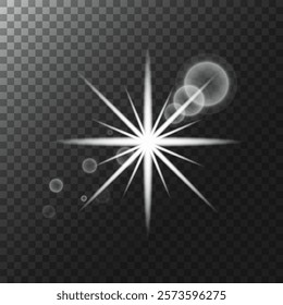 Glowing light flash sparks. Glow effect, lens flare, explosion, glitter, line, sun flare, spark and star. Abstract image of flash and white stars. Vector illustration