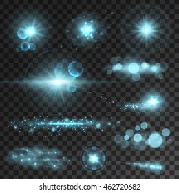 Glowing light flashes set. Blue sparkling stars with lens flare effect on transparent background. Vector shining neon elements