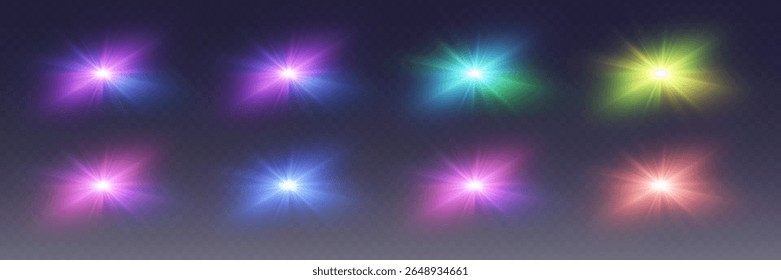 Brilho de luz brilhante, flash de estrelas brilhantes. Em um fundo transparente.