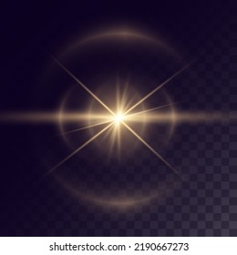 Glowing light golden effects, star explosion with sparkles and light reflection on transparent background