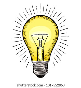 Glowing light incandescent bulb with ray. Vector vintage color engraving illustration on white background. Hand drawn design element for label and poster