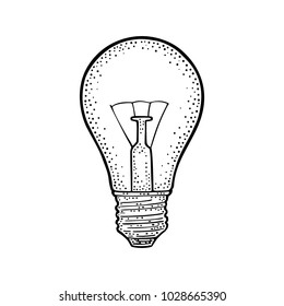 Glowing light incandescent bulb. Vector vintage black engraving illustration on white background