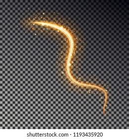 Glowing light line with sparkle isolated on dark background. Abstract swirl light speed motion effect. Transparent light trace effect. Glow magic golden shimmer trail. Editable vector illustration.
