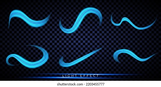 Glowing light lines set. Blue dynamic energy curves. Stream of fresh air. Light waves curves on a transparent background.