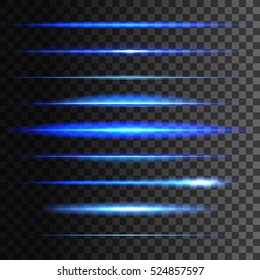 Glowing light lines. Vector set of light glow linear effect. Blue neon light flash stripes and sparkling rays traces on transparent background.