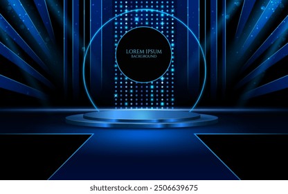 glowing light lines,elegant blue ring award banner and stage,product display background and marketing banner,vector illustration presentation dark blue backdrop element. 