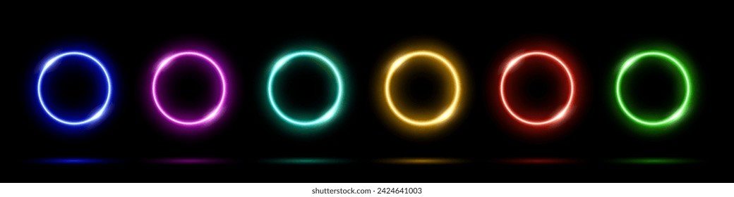 Glowing light neon abstract circles on black background. Color led round electric frames. Geometric vector illustration set. Empty blue, pink, green, purple, red, yellow rings art decoration design.