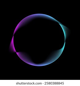 Glowing light neon ring isolated on black background. Abstract round wavy frame of pink and blue colors with neon effect. Modern futuristic geometric design vector illustration.