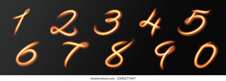 Glowing light numbers. Lighting painting effect trails, golden glitter glow waves and sparkling flare tails. Abstract vector fire light with flash sparkles effect on transparent background