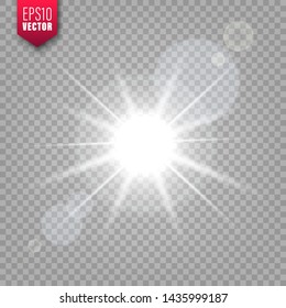 Glowing light on transparent background. Lens flare effect. Bright sparkling flash, sunlight. Vector illustration.