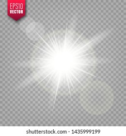 Glowing light on transparent background. Lens flare effect. Bright sparkling flash, sunlight. Vector illustration.