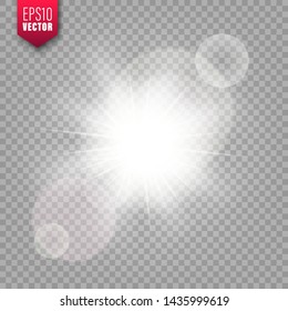Glowing light on transparent background. Lens flare effect. Bright sparkling flash, sunlight. Vector illustration.
