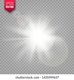 Glowing light on transparent background. Lens flare effect. Bright sparkling flash, sunlight. Vector illustration.