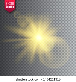 Glowing light on transparent background. Lens flare effect. Bright sparkling flash, sunlight. Vector illustration.