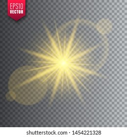 Glowing light on transparent background. Lens flare effect. Bright sparkling flash, sunlight. Vector illustration.