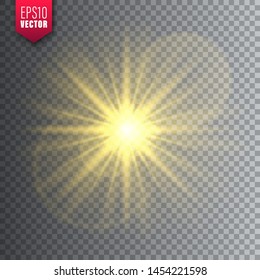 Glowing light on transparent background. Lens flare effect. Bright sparkling flash, sunlight. Vector illustration.