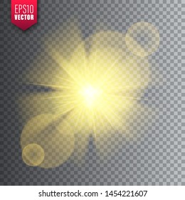 Glowing light on transparent background. Lens flare effect. Bright sparkling flash, sunlight. Vector illustration.