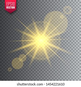 Glowing light on transparent background. Lens flare effect. Bright sparkling flash, sunlight. Vector illustration.