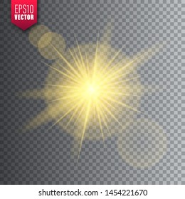 Glowing light on transparent background. Lens flare effect. Bright sparkling flash, sunlight. Vector illustration.