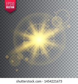 Glowing light on transparent background. Lens flare effect. Bright sparkling flash, sunlight. Vector illustration.