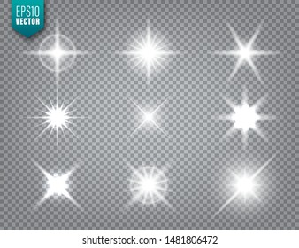 Glowing light on transparent background collection. Lens flare effect. Bright sparkling flash, sunlight. Vector illustration.