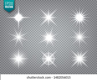 Glowing light on transparent background collection. Lens flare effect. Bright sparkling flash, sunlight. Vector illustration.