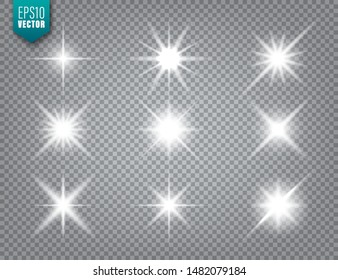 Glowing light on transparent background collection. Lens flare effect. Bright sparkling flash, sunlight. Vector illustration.