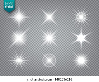 Luz brillante en la colección transparente de fondo. Efecto de la llama. Brillante brillante, luz solar. Ilustración vectorial.