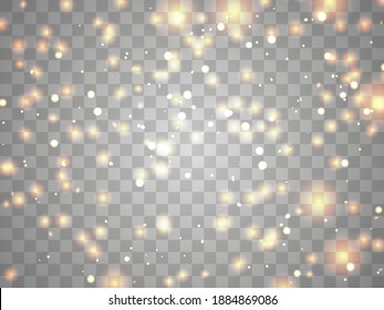 Luz brillante sobre un fondo transparente. Partículas brillantes, brillo mágico. Lámpara resplandeciente. Diseñar una plantilla para carteles, carteles y tarjetas de felicitación. Ilustración del vector