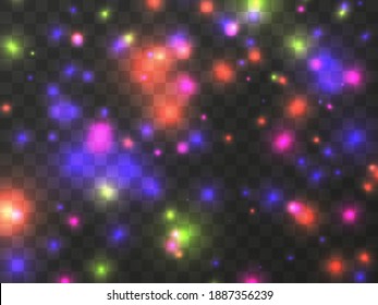 Luz brillante sobre un fondo transparente. Partículas brillantes, brillo mágico. Lámpara resplandeciente. Polvo de estrellas. Diseñar una plantilla para carteles, carteles y tarjetas de felicitación. Ilustración del vector