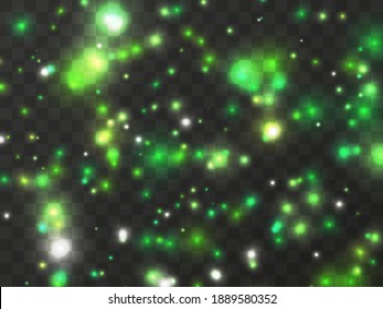 Glowing light on a transparent background. Glowing particles green color, magic glow. Sparkling light. Star dust. Design a template for banner, poster and greeting cards. Vector illustration