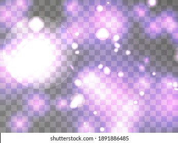 Luz brillante sobre un fondo transparente. Partículas brillantes, brillo mágico. Lámpara resplandeciente. Diseñar una plantilla para carteles, carteles y tarjetas de felicitación. Ilustración del vector