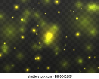 Glowing light on a transparent background. Glowing particles, magic glow. Sparkling light. Star dust. Design a template for banner, poster and greeting cards. Vector illustration
