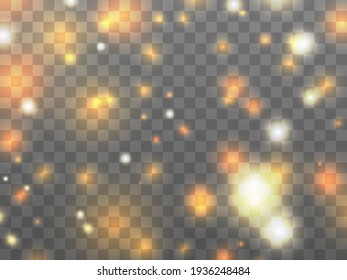 Glowing light on a transparent background. Glowing particles orange color, magic glow. Sparkling light. Star dust. Design a template for banner, poster and greeting cards. Vector illustration