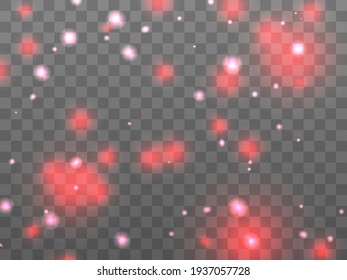 Glowing light on a transparent background. Glowing particles red color, magic glow. Sparkling light. Star dust. Design a template for banner, poster and greeting cards. Vector illustration