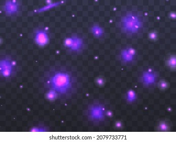 Glowing light on a transparent background. Glowing particles purple color, magic glow. Sparkling light. Star dust. Design a template for banner, poster and greeting cards. Vector illustration
