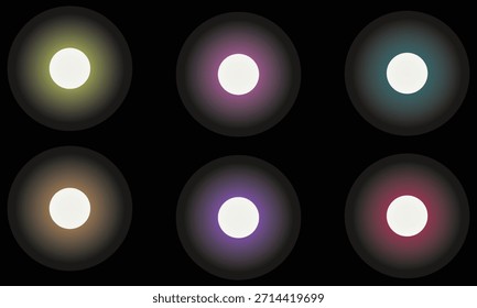 Orbes de luz brillante y círculos de efecto de lente aislados sobre fondo negro: luz brillante, destello de lente, orbes de luz, efecto de brillo, luces abstractas