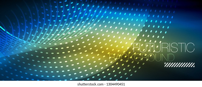 Glowing light particles in dark neon space, magic glow shiny abstract background. Vector design