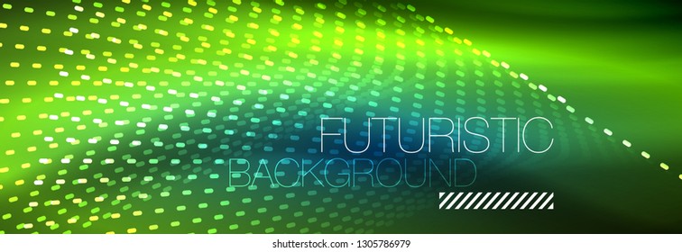 Glowing light particles in dark neon space, magic glow shiny abstract background. Vector design